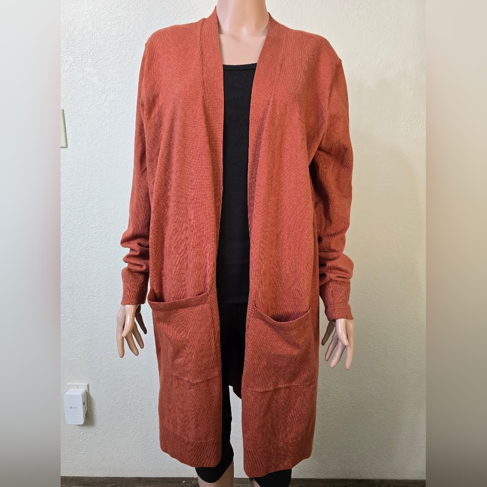 DULUTH Light Weight Open Front Long Cardigan with Pockets Size Large Orange